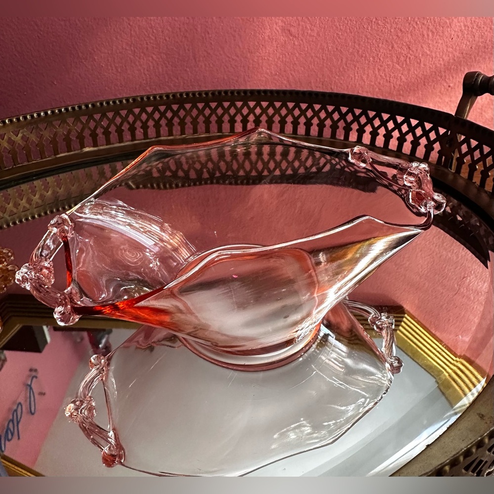 1930's Heisey Flamingo Pink Glass Art Nouveau Octagon Handled Candy Trinket Dish